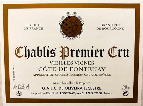2020 Chablis Premier Cru " Côte de Fontenay" - Domaine De Oliveira Lecestre